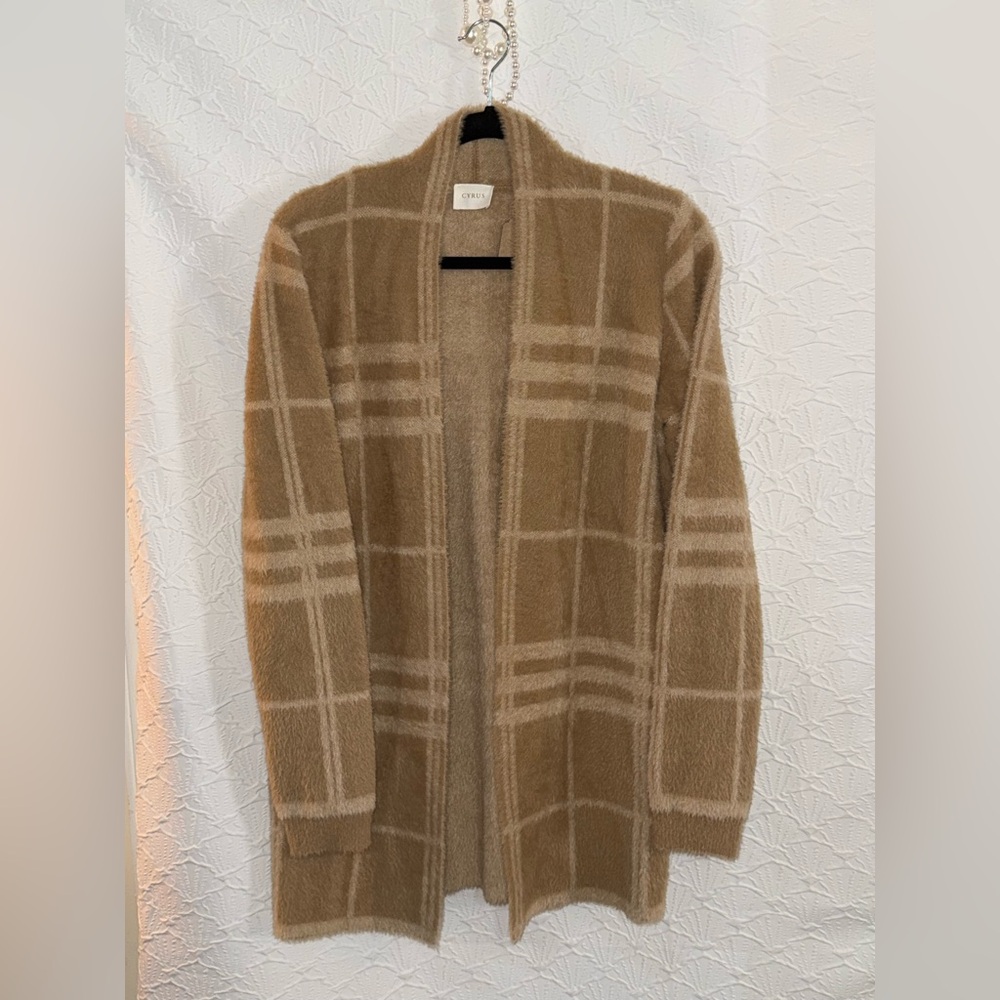 PRICE ⬇️  Cyrus Camel Plaid Open-Front Long Cardigan